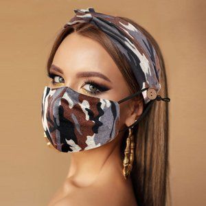 Camouflage Print Cotton Fashion Mask Headband Set